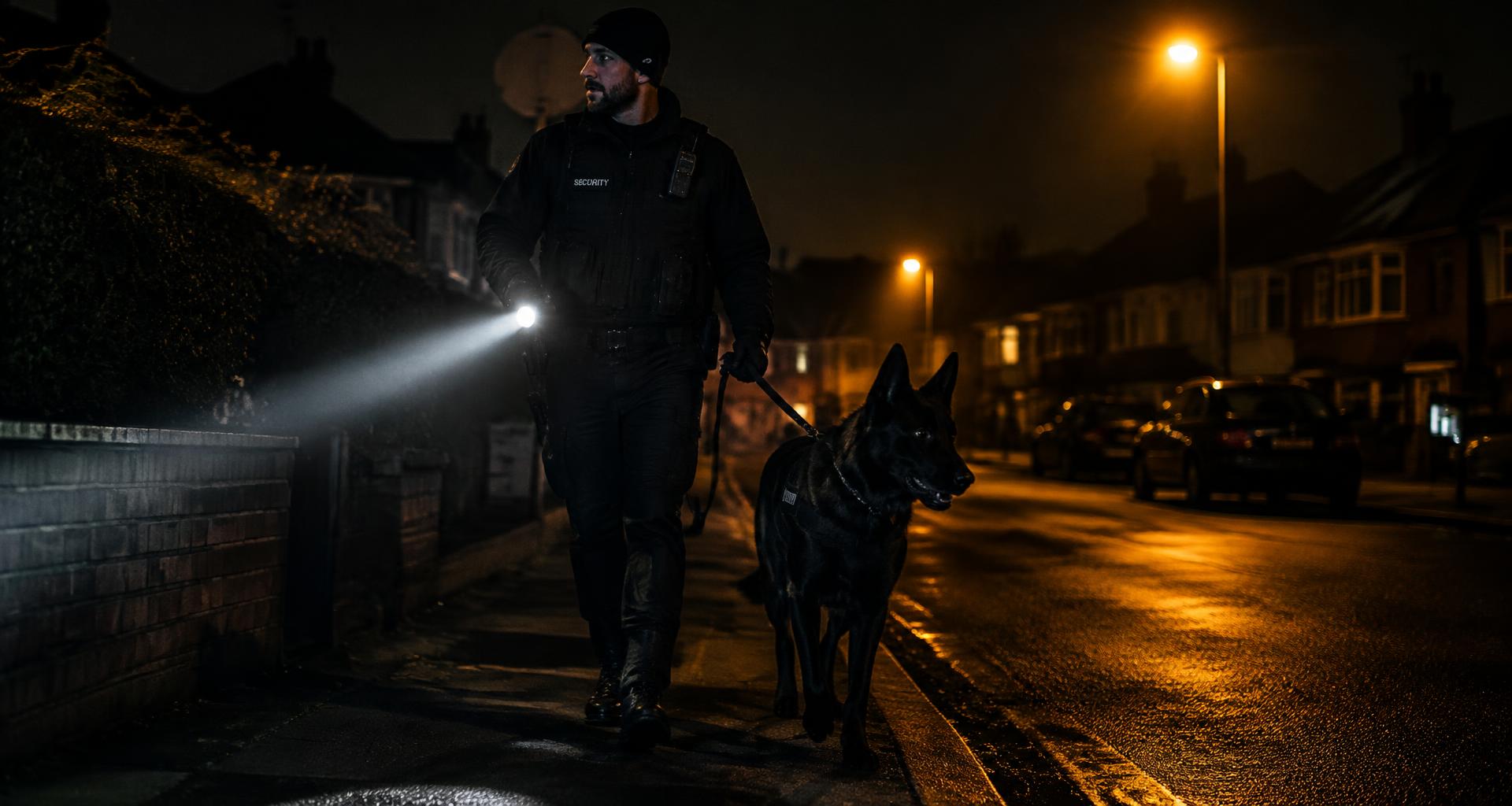 Security handler and K9 patrolling a residential street at night with a flashlight