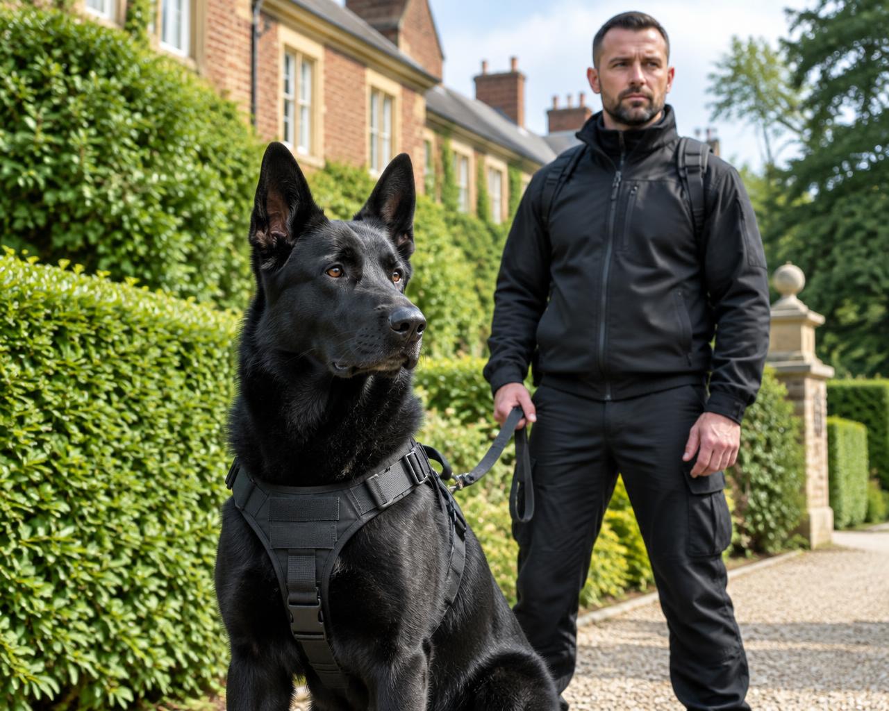 Trained black German shepherd alongside a professional dog handler